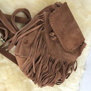 Sopresa tan suede leather fringe backpack